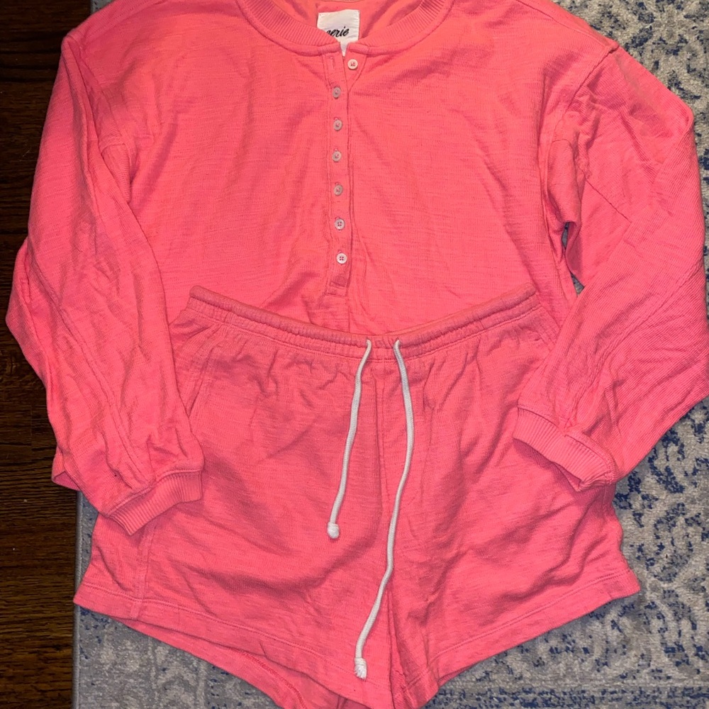 Aerie Pink Henley Top & Drawstring Shorts Loungewear Set